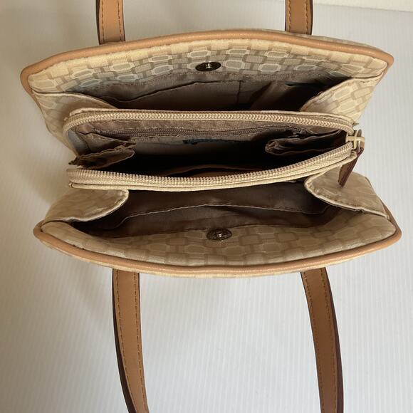 Nine West Beige Canvas Satchel Purse Handbag Top Handle Bag Mini Bag Cute - Picture 5 of 9